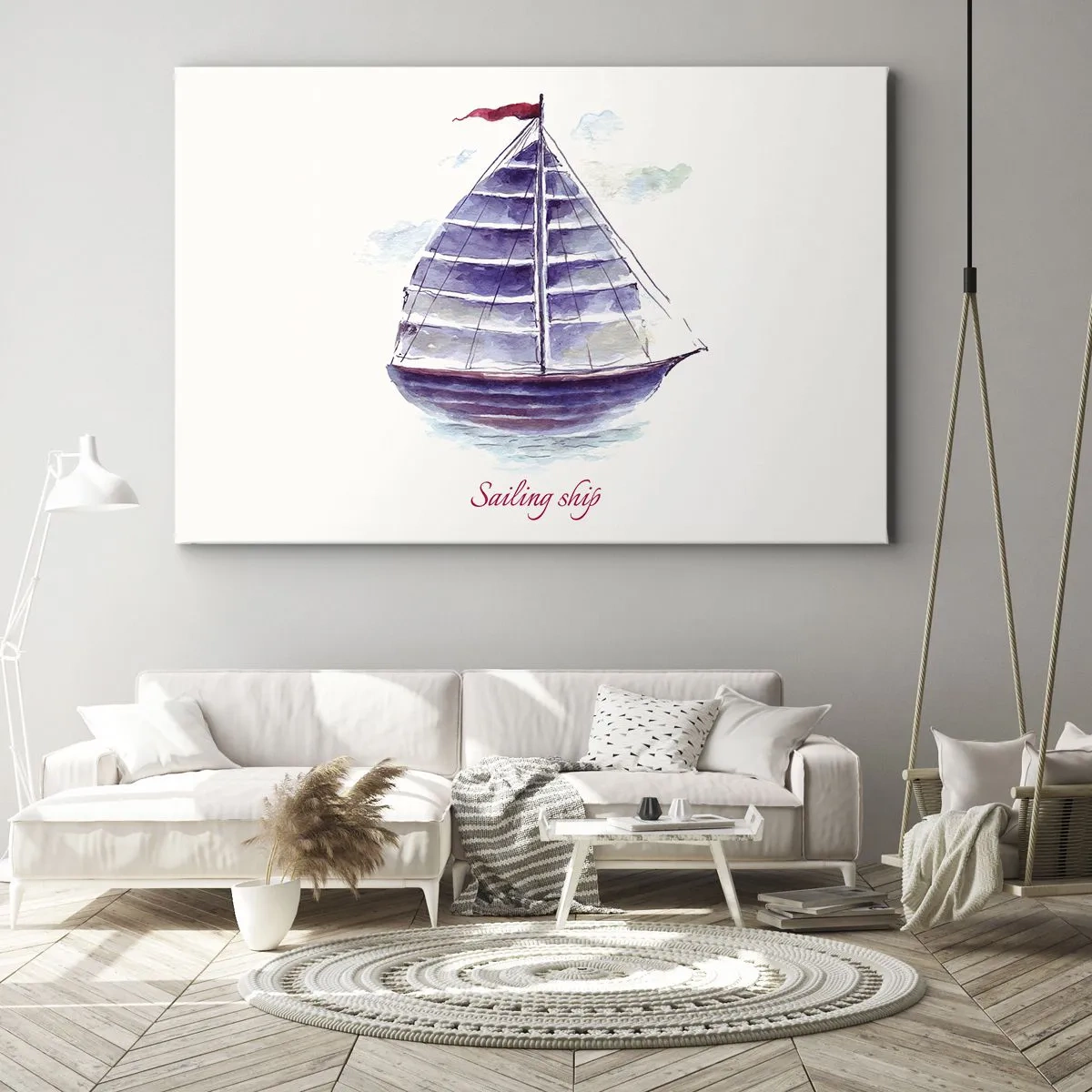 Cuadro sobre lienzo - Impresión de Imagen - Una pintura de acuarela de un velero en el agua con una delicada inscripción. - 70x50cm - Velas izadas y aguas tranquilas - Decoración de pared moderna para salón y dormitorio ARTTOR