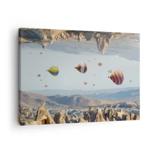 Cuadro sobre lienzo - Impresión de Imagen - Globos de colores sobre un paisaje rocoso. - 70x50cm - Aquí todo es posible - Decoración de pared moderna para salón y dormitorio ARTTOR