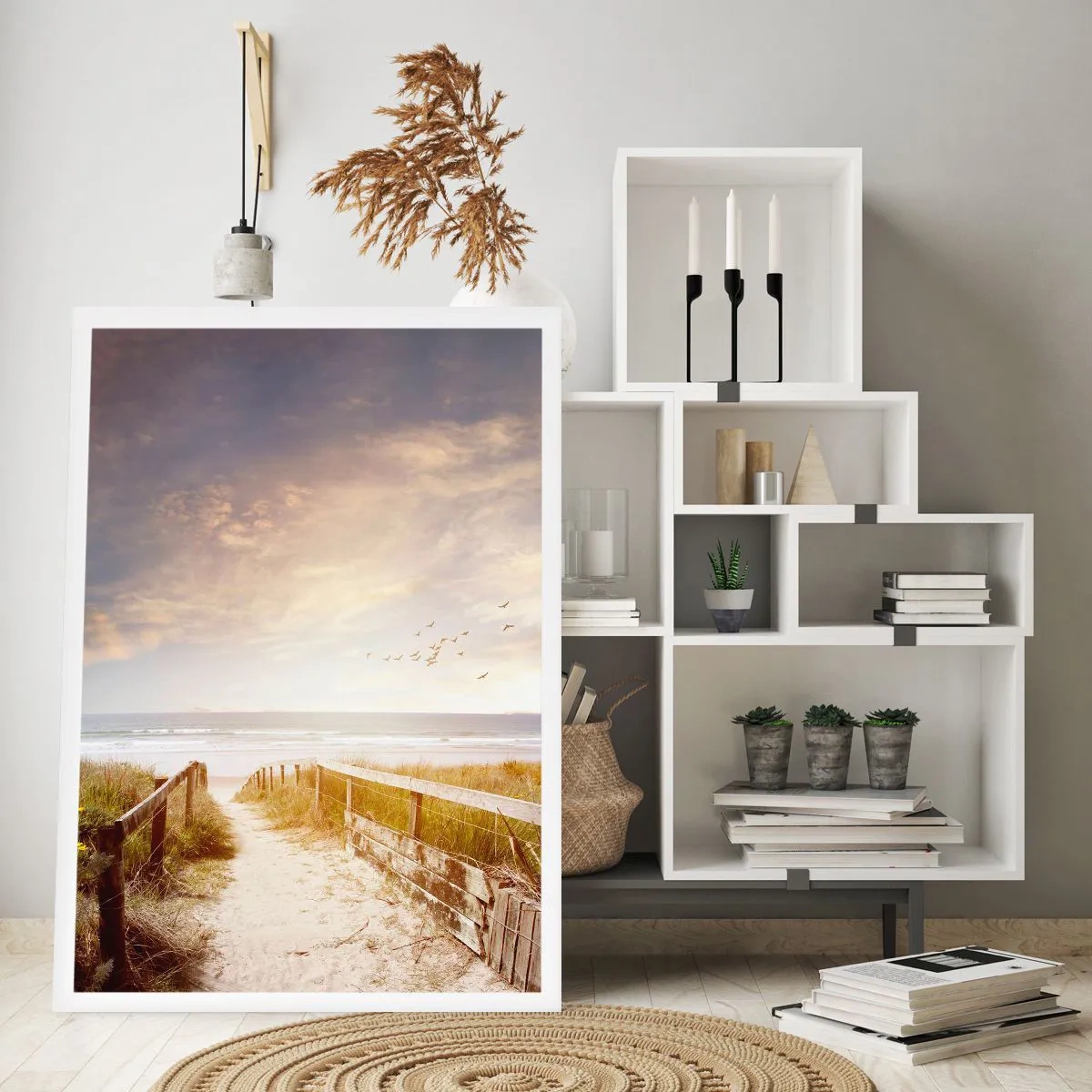 Póster - Camino a la playa al atardecer con pájaros volando - 50x70cm - Un espacio de paz - Decoración de pared moderna para salón y dormitorio ARTTOR