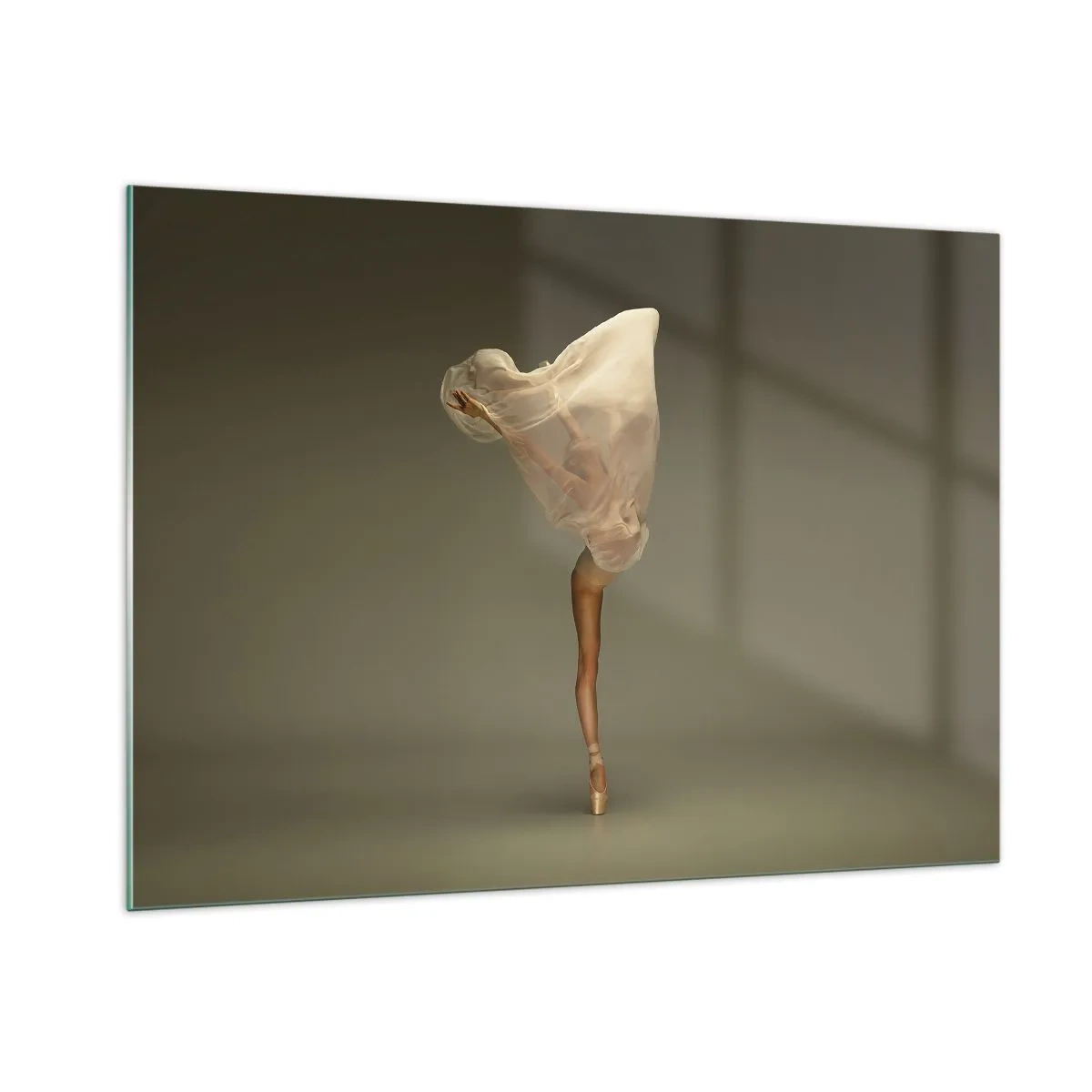 Cuadro sobre vidrio - Impresiones sobre Vidrio - Una bailarina en una pose delicada con el velo levantado. - 100x70cm - A punto de volar - Decoración de pared moderna para salón y dormitorio ARTTOR