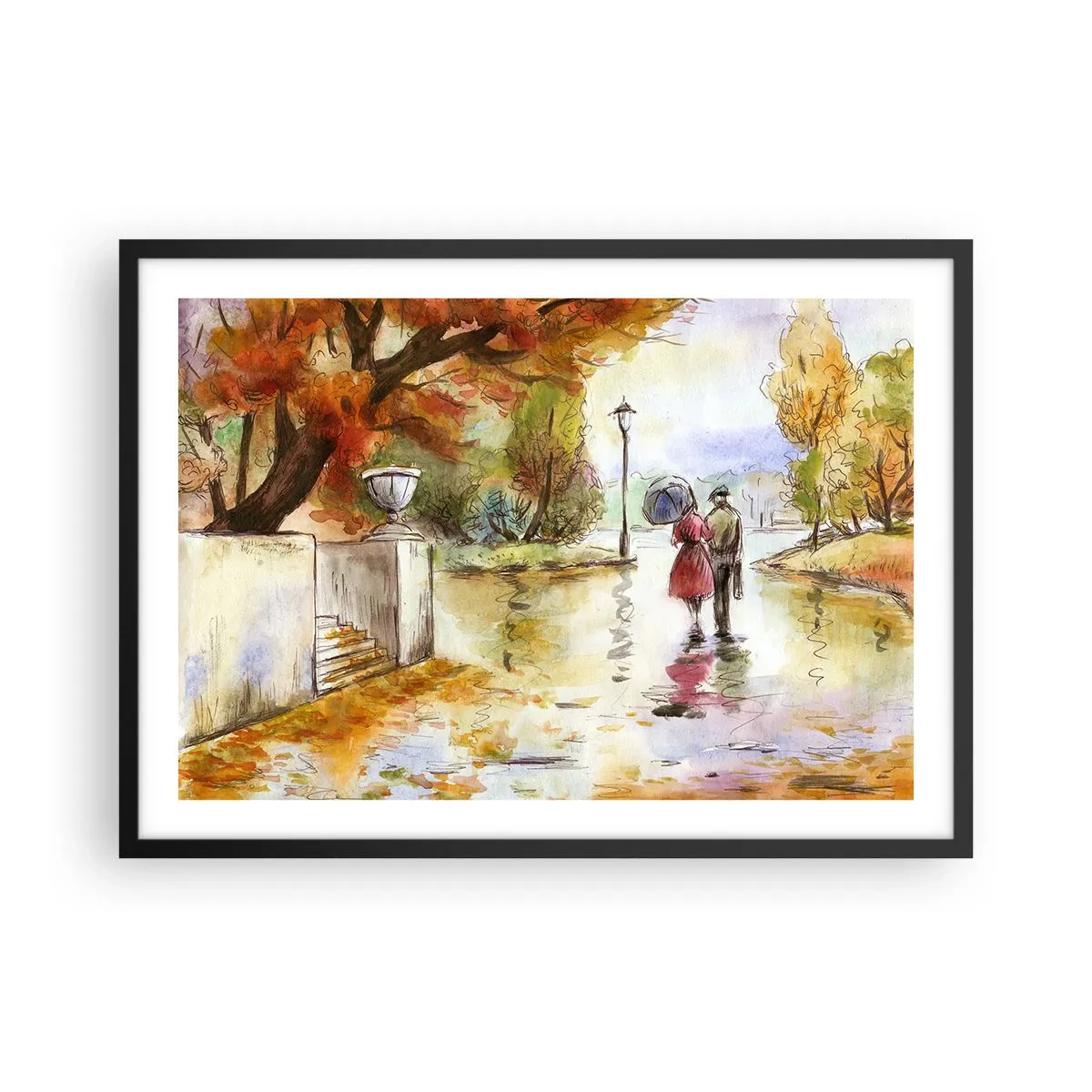 Póster en marco negro - Un paseo por el parque de otoño con un paraguas. - 70x50cm - Un otoño romántico en el parque - Decoración de pared moderna para salón y dormitorio ARTTOR