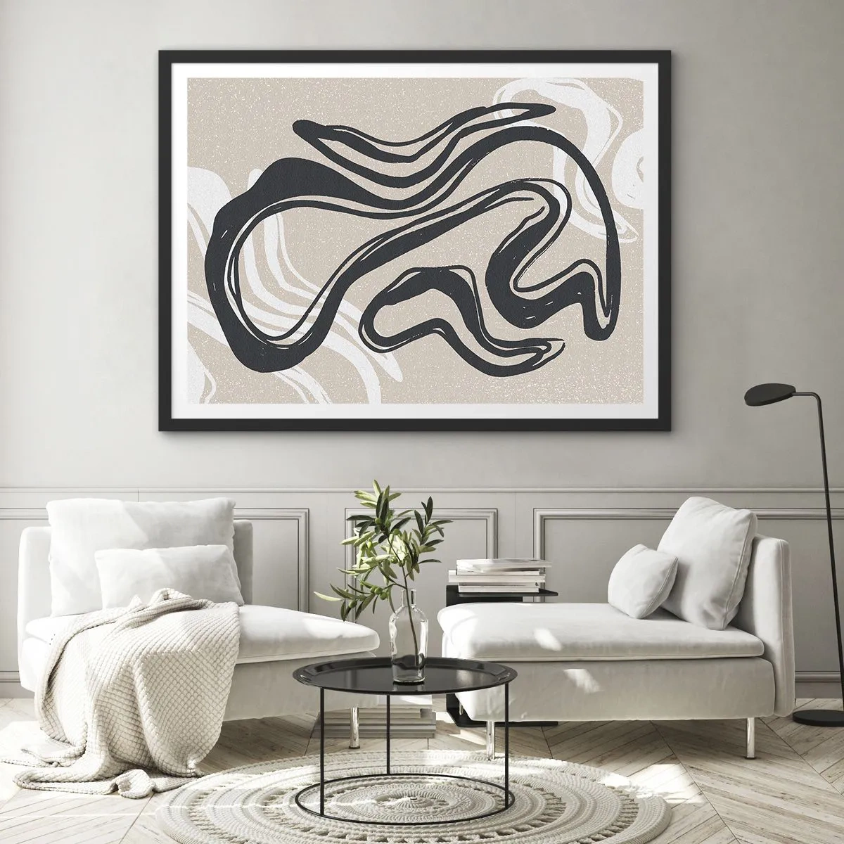 Póster en marco negro - Líneas abstractas en tonos oscuros sobre un fondo beige. - 100x70cm - Expresión multiplicada - Decoración de pared moderna para salón y dormitorio ARTTOR