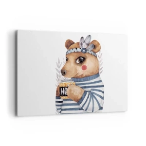 Cuadro sobre lienzo - Impresión de Imagen - Un osito de peluche con un suéter de rayas y una taza de miel. - 120x80cm - Dulce oso - Decoración de pared moderna para salón y dormitorio ARTTOR