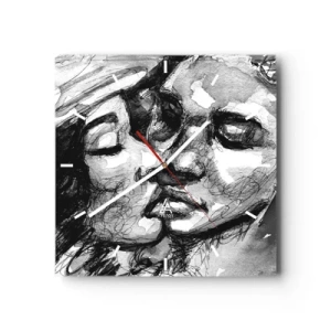 Reloj de pared - Reloj de vidrio - Una acuarela en blanco y negro que representa un momento íntimo entre dos personas. - 30x30cm - Un momento tierno - Decoración de pared moderna para salón y dormitorio ARTTOR