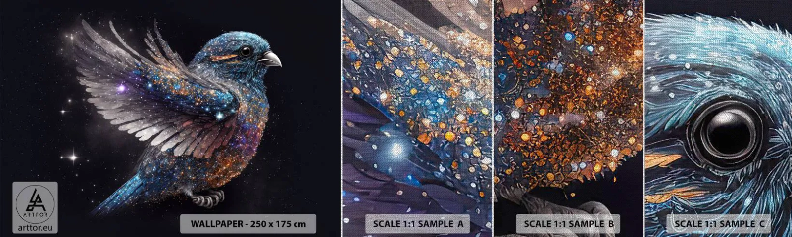 Muestra de fotomural Premium Canvas - Gorrión de diamante - Pájaro, magia, Cosmos - 100x30 cm