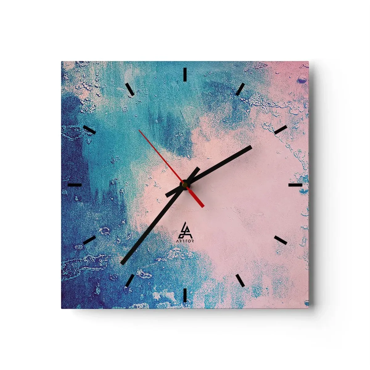Reloj de pared - Reloj de vidrio - Textura abstracta en tonos rosa y azul. - 30x30cm - Abrazo azul - Decoración de pared moderna para salón y dormitorio ARTTOR