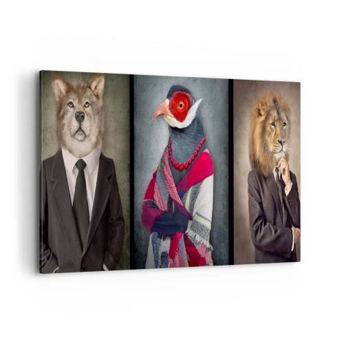 Cuadro sobre lienzo - Impresión de Imagen - Retratos estilizados de un lobo, un faisán y un león con ropas elegantes. - 100x70cm - ¿Qué estoy haciendo aquí? - Decoración de pared moderna para salón y dormitorio ARTTOR