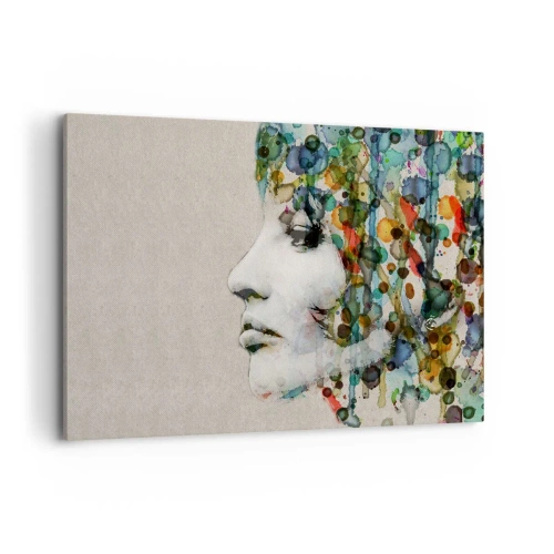 Cuadro sobre lienzo - Impresión de Imagen - Perfil de una mujer en colores de acuarela con un fondo abstracto - 100x70cm - Salió del gris - Decoración de pared moderna para salón y dormitorio ARTTOR