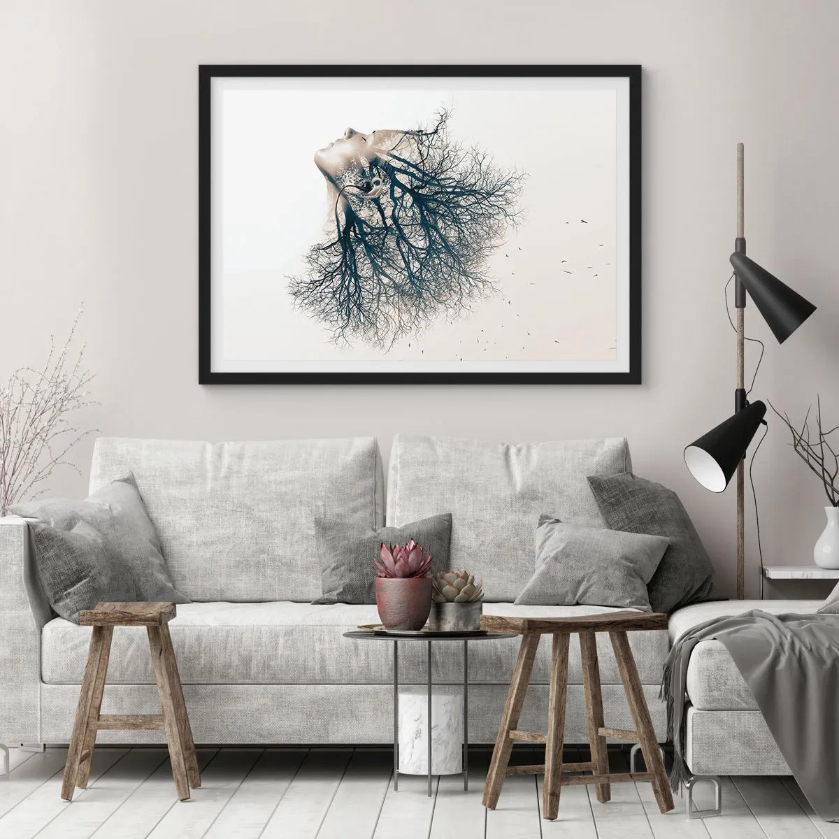 Póster en marco negro - Silueta creativa de una mujer y árboles. - 100x70cm - Escuchando el susurro de un árbol - Decoración de pared moderna para salón y dormitorio ARTTOR