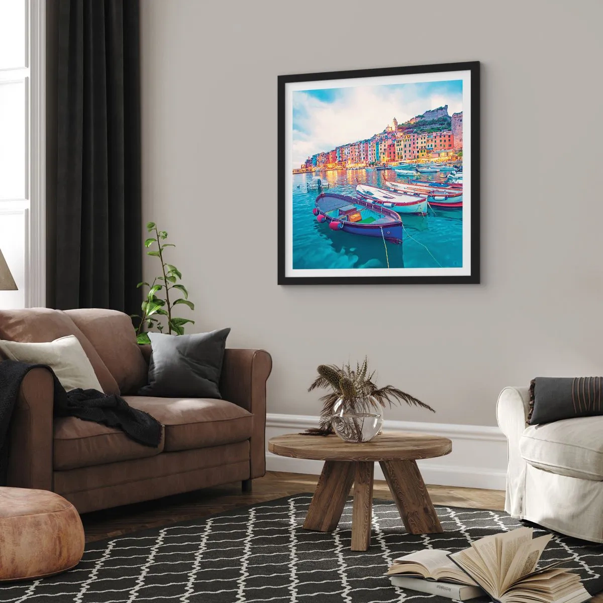 Póster en marco negro - Una noche colorida en el puerto - 30x30 cm