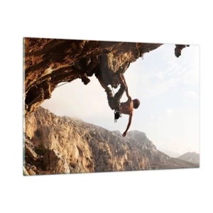 Cuadro sobre vidrio - Impresiones sobre Vidrio - Escalando una roca vertical en un paisaje montañoso - 120x80cm - Un mundo en la roca - Decoración de pared moderna para salón y dormitorio ARTTOR