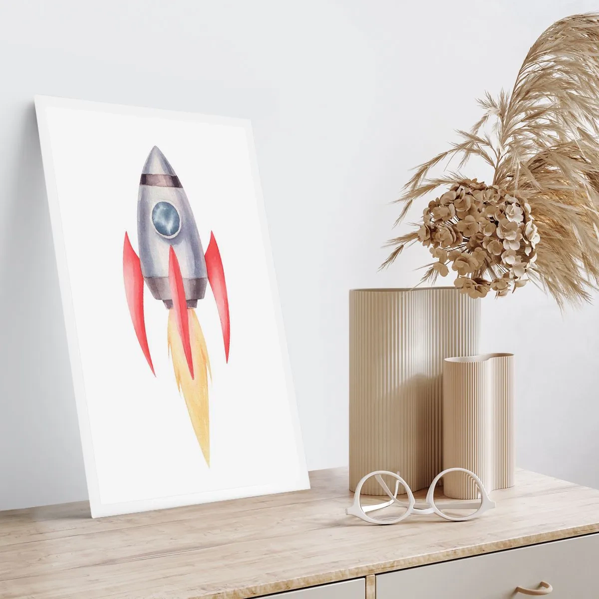 Póster - Cohete espacial en estilo acuarela - 50x70cm - Más alto, más rápido, más lejos - Decoración de pared moderna para salón y dormitorio ARTTOR