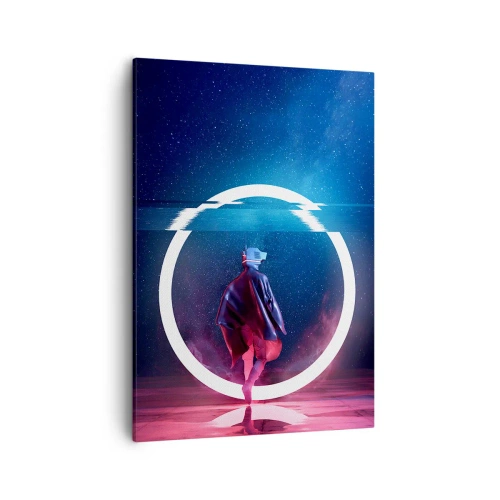 Cuadro sobre lienzo - Impresión de Imagen - Un personaje en un entorno futurista con un círculo de neón. - 50x70cm - Entre mundos - Decoración de pared moderna para salón y dormitorio ARTTOR