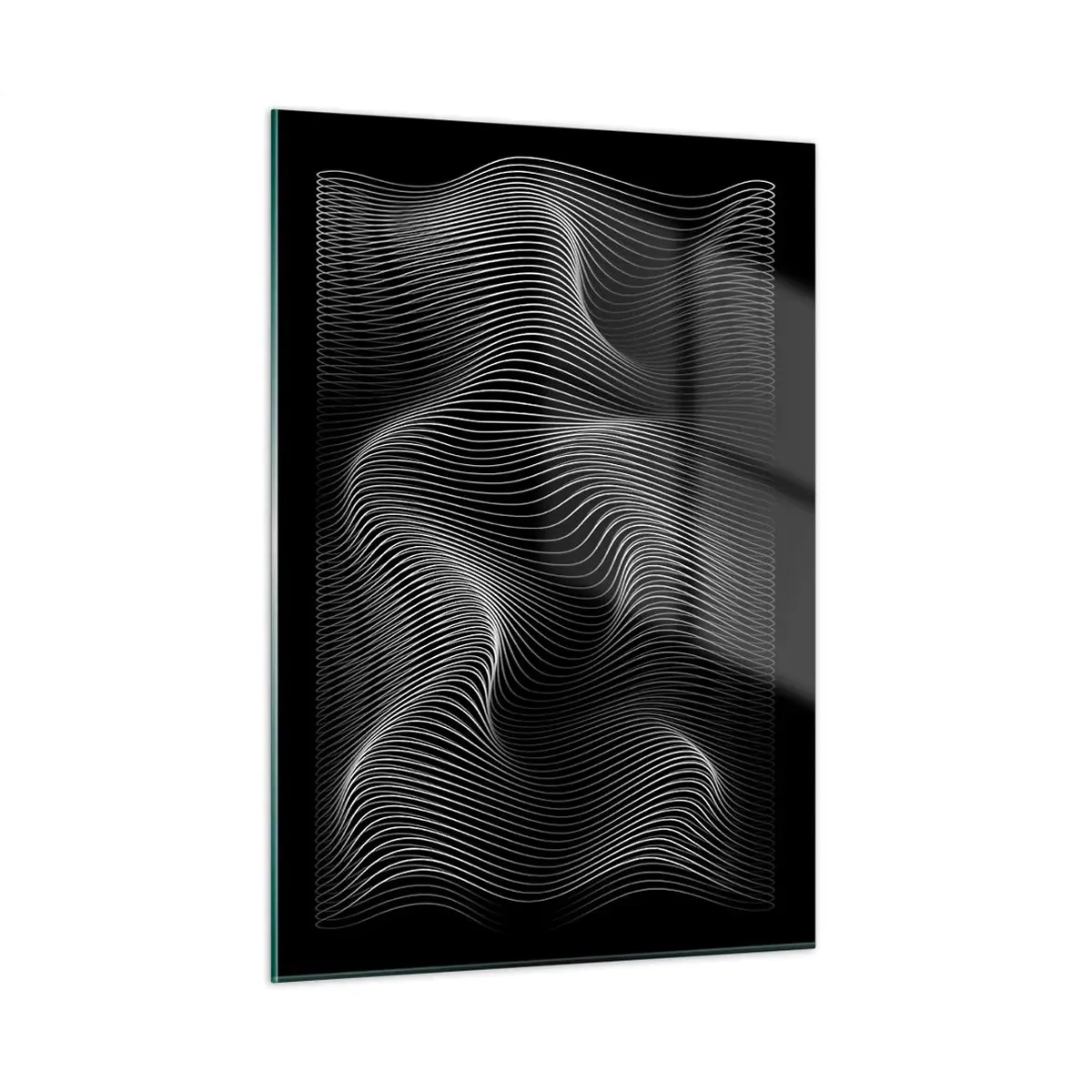 Cuadro sobre vidrio - Impresiones sobre Vidrio - Líneas blancas hipnóticas que ondulan sobre un fondo negro - 50x70cm - La danza de la luz en el espacio - Decoración de pared moderna para salón y dormitorio ARTTOR