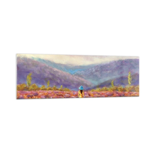 Cuadro sobre vidrio - Impresiones sobre Vidrio - Una mujer con sombrero caminando por un campo de lavanda. - 160x50cm - En un mundo de lavanda - Decoración de pared moderna para salón y dormitorio ARTTOR