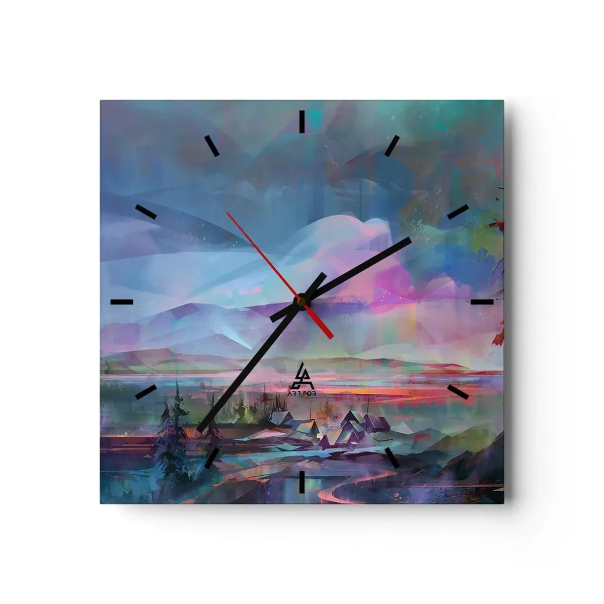 Reloj de pared - Reloj de vidrio - Paisaje de montaña con un cielo colorido y un pueblo. - 30x30cm - Bajo un cielo benévolo - Decoración de pared moderna para salón y dormitorio ARTTOR