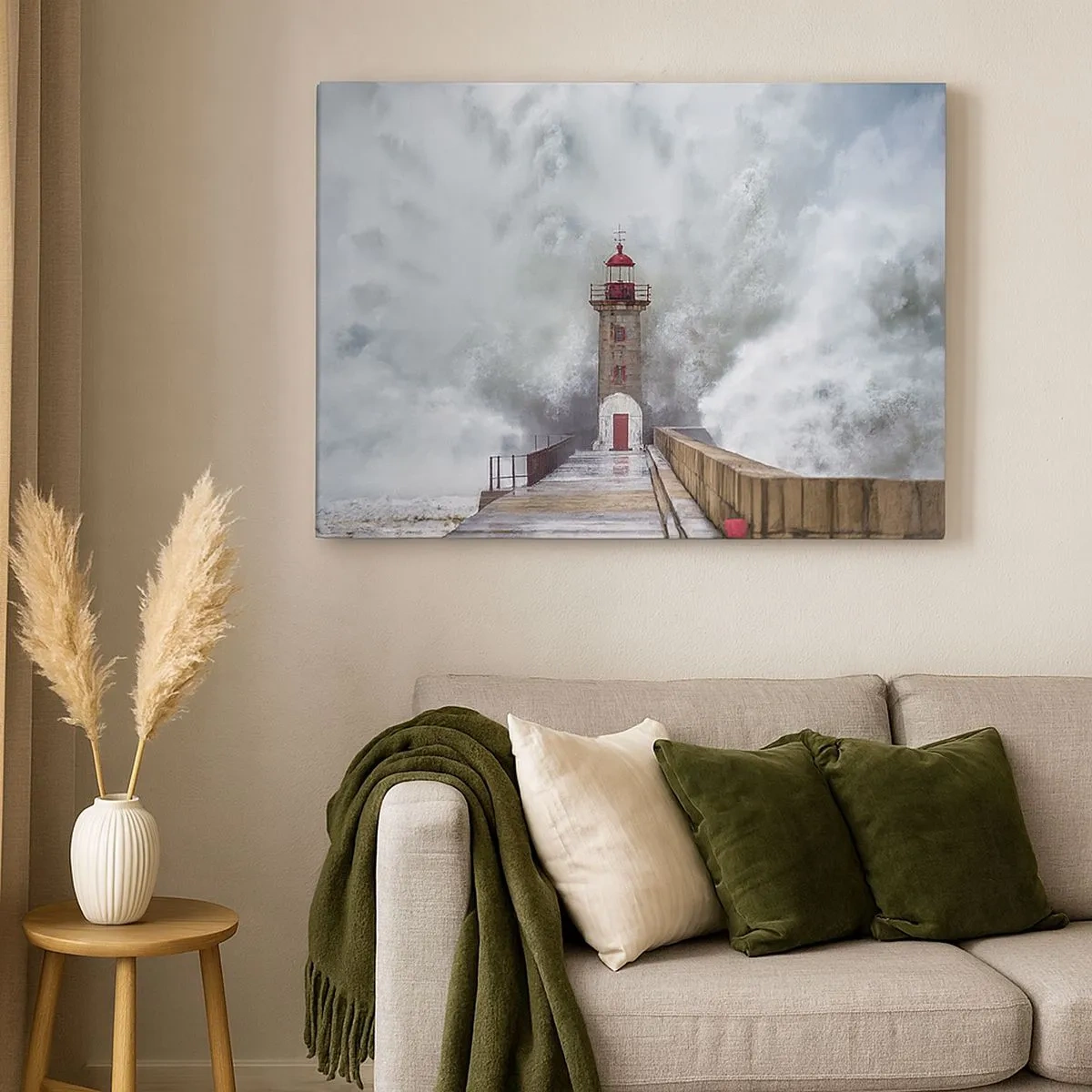 Cuadro sobre lienzo - Impresión de Imagen - Un faro rodeado de olas fuertes - 70x50cm - El rugido de las aguas, la fuerza del viento - Decoración de pared moderna para salón y dormitorio ARTTOR