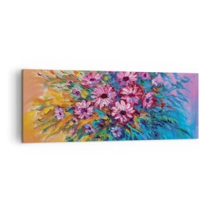 Cuadro sobre lienzo - Impresión de Imagen - Flores de colores en un ramo sobre un fondo de color pastel. - 140x50cm - La energía de la vida - Decoración de pared moderna para salón y dormitorio ARTTOR