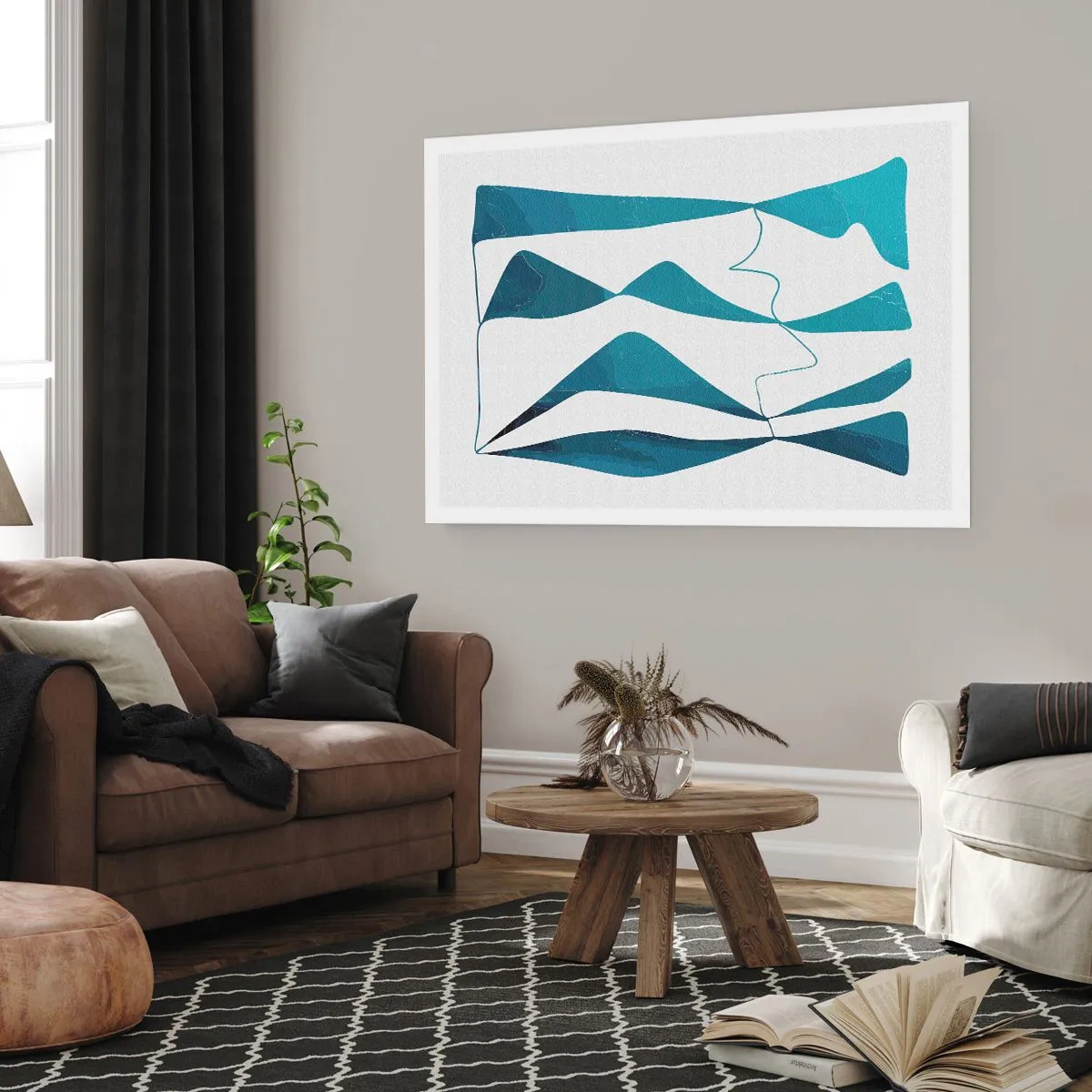 Póster - Formas abstractas en tonos azules sobre un fondo blanco. - 100x70cm - Abstracción: un compuesto turquesa - Decoración de pared moderna para salón y dormitorio ARTTOR