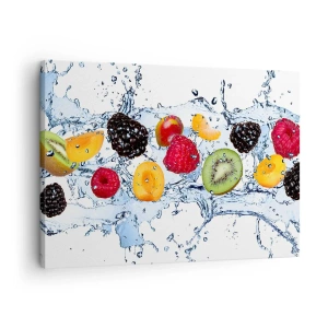 Cuadro sobre lienzo - Impresión de Imagen - Frutas coloridas sumergidas en salpicaduras de agua sobre un fondo blanco - 70x50cm - Juega con nosotros - Decoración de pared moderna para salón y dormitorio ARTTOR