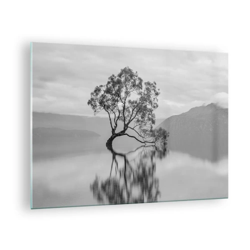 Cuadro sobre vidrio - Impresiones sobre Vidrio - Un árbol solitario en el agua en un paisaje en blanco y negro. - 70x50cm - Existe tal lugar en el mundo - Decoración de pared moderna para salón y dormitorio ARTTOR