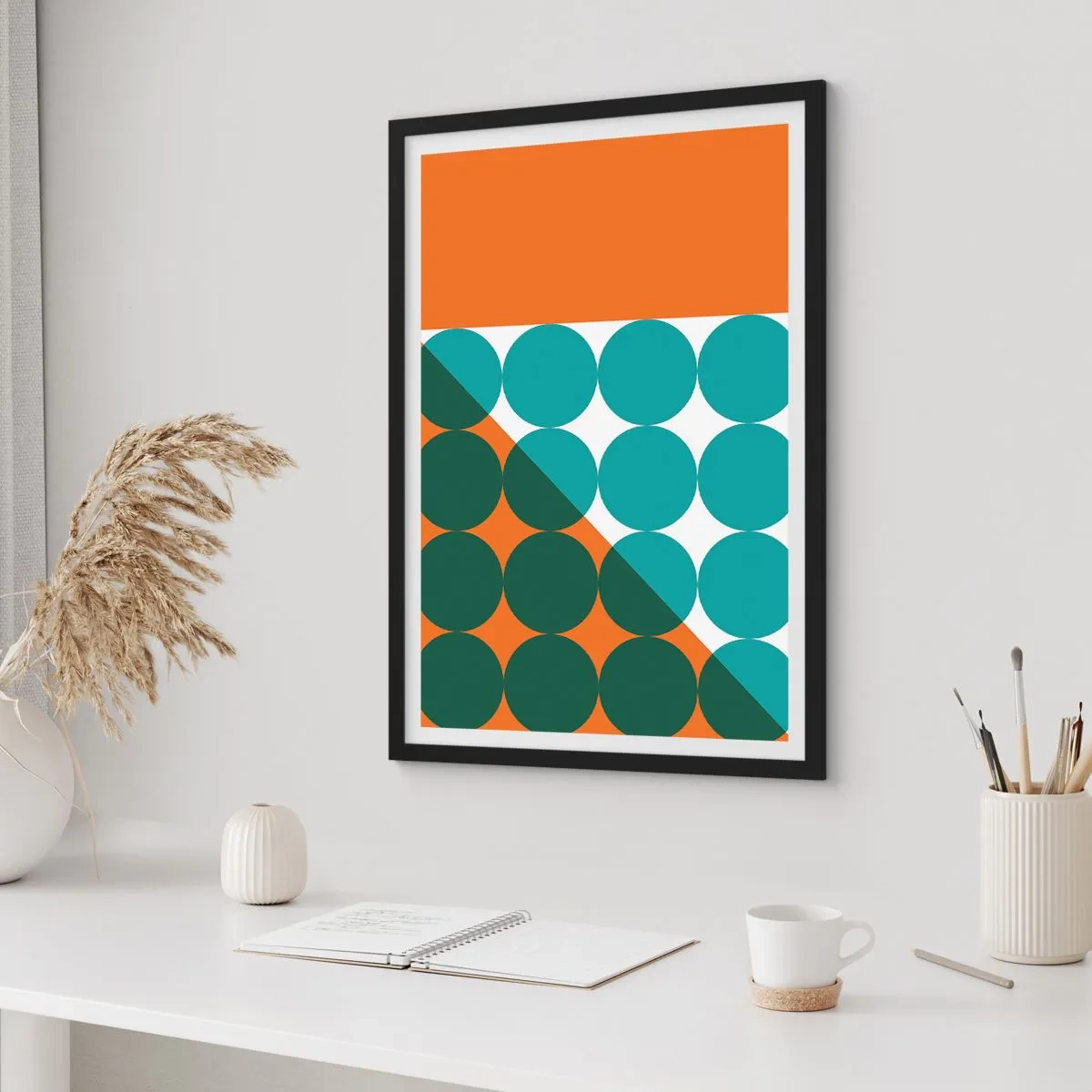 Póster en marco negro - Composición geométrica abstracta con círculos en tonos naranja y verde. - 50x70cm - Hacia arriba y en diagonal - Decoración de pared moderna para salón y dormitorio ARTTOR
