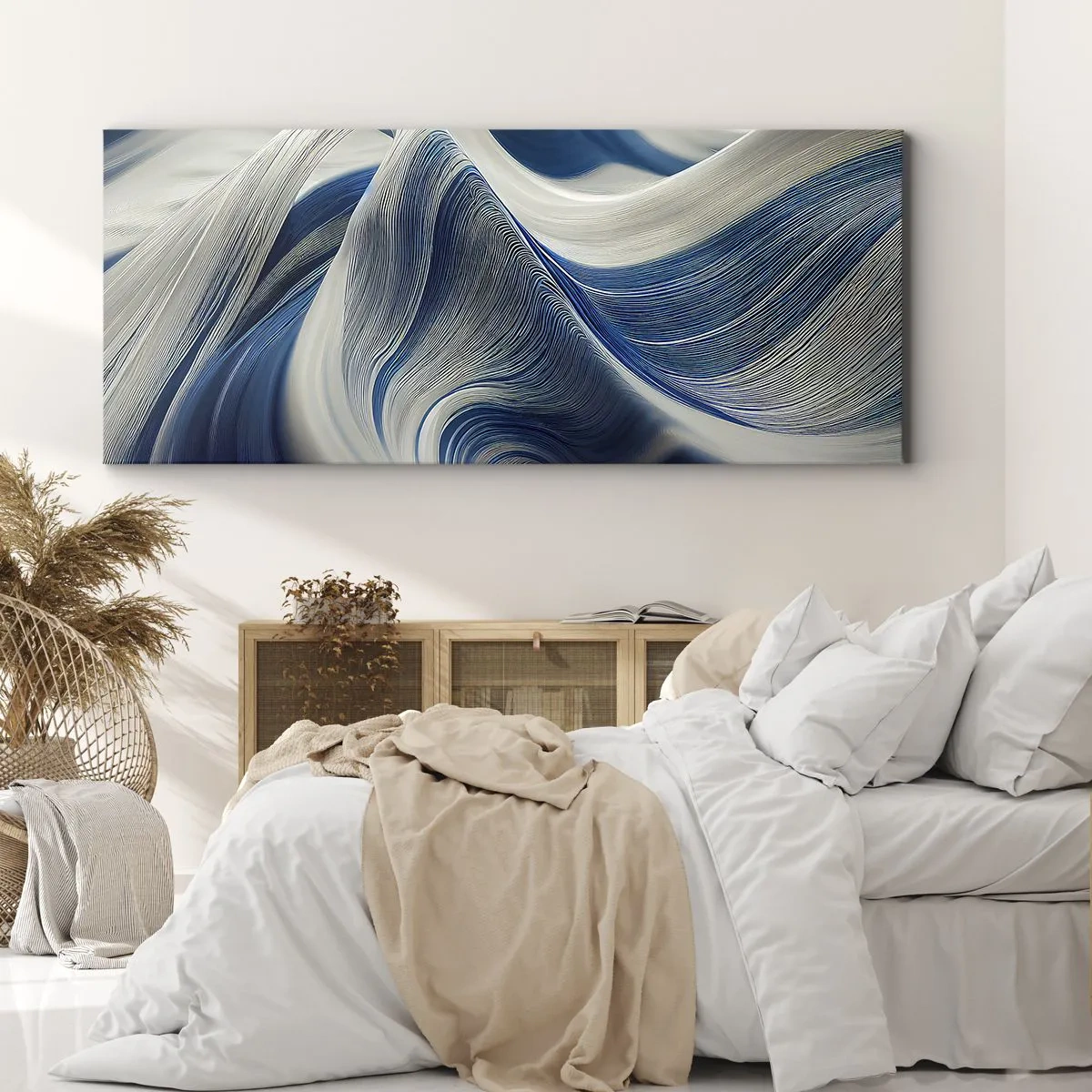 Cuadro sobre lienzo - Impresión de Imagen - Ondas abstractas en tonos azules y blancos - 120x50cm - Fluidez de azul y blanco - Decoración de pared moderna para salón y dormitorio ARTTOR