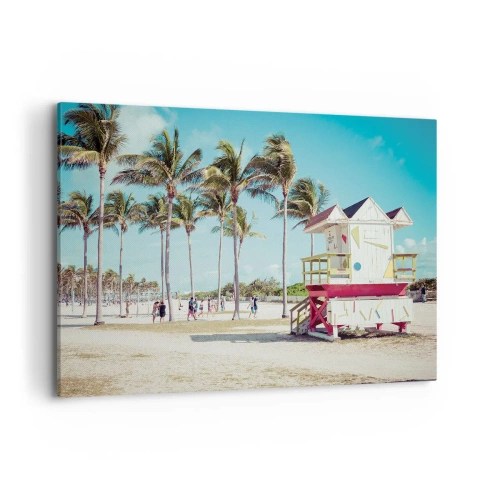 Cuadro sobre lienzo - Impresión de Imagen - Una playa con palmeras y una torre de salvavidas al fondo. - 100x70cm - Un hermoso día por delante - Decoración de pared moderna para salón y dormitorio ARTTOR