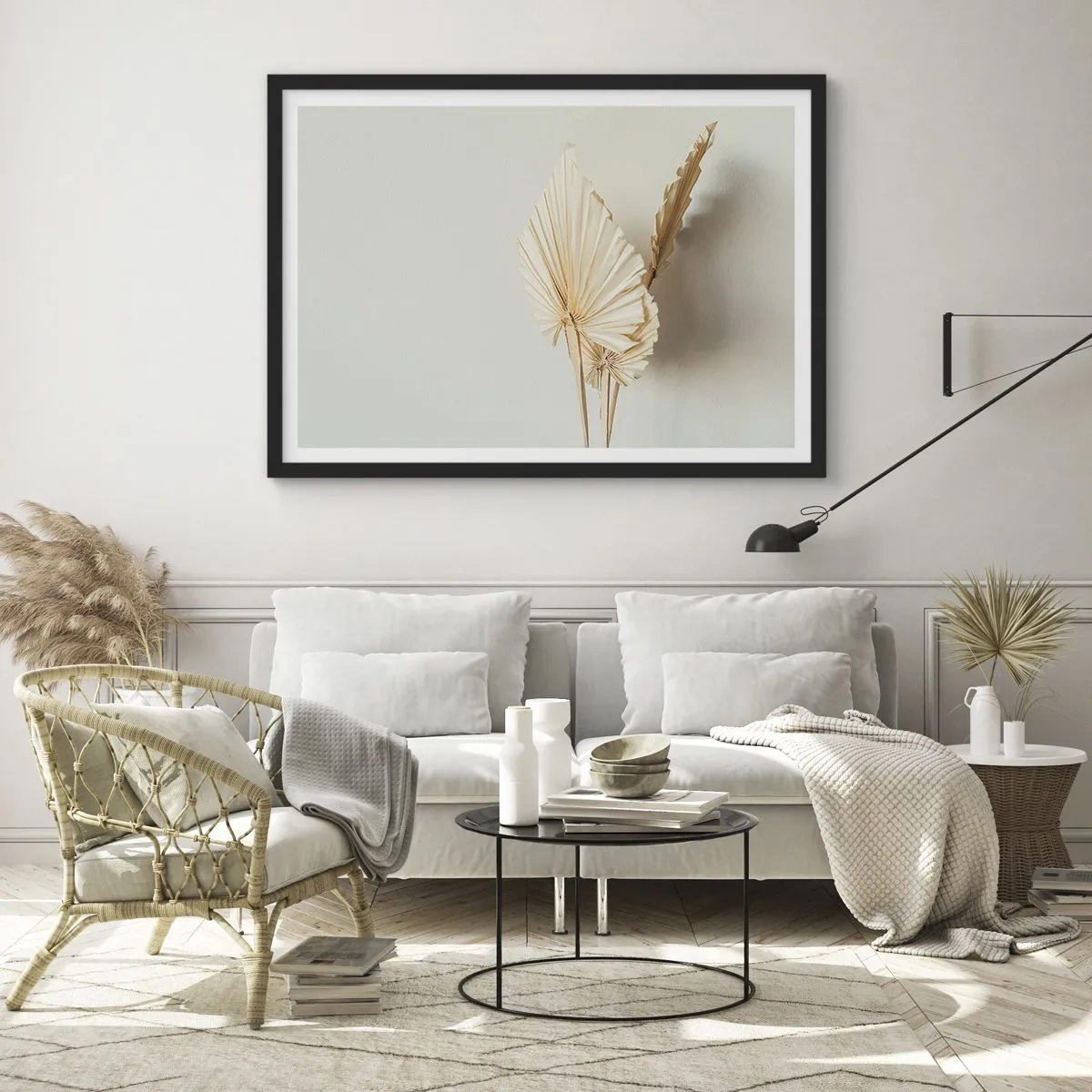 Póster en marco negro - Hojas de palma secas en un arreglo minimalista. - 70x50cm - Armonía y consuelo - Decoración de pared moderna para salón y dormitorio ARTTOR