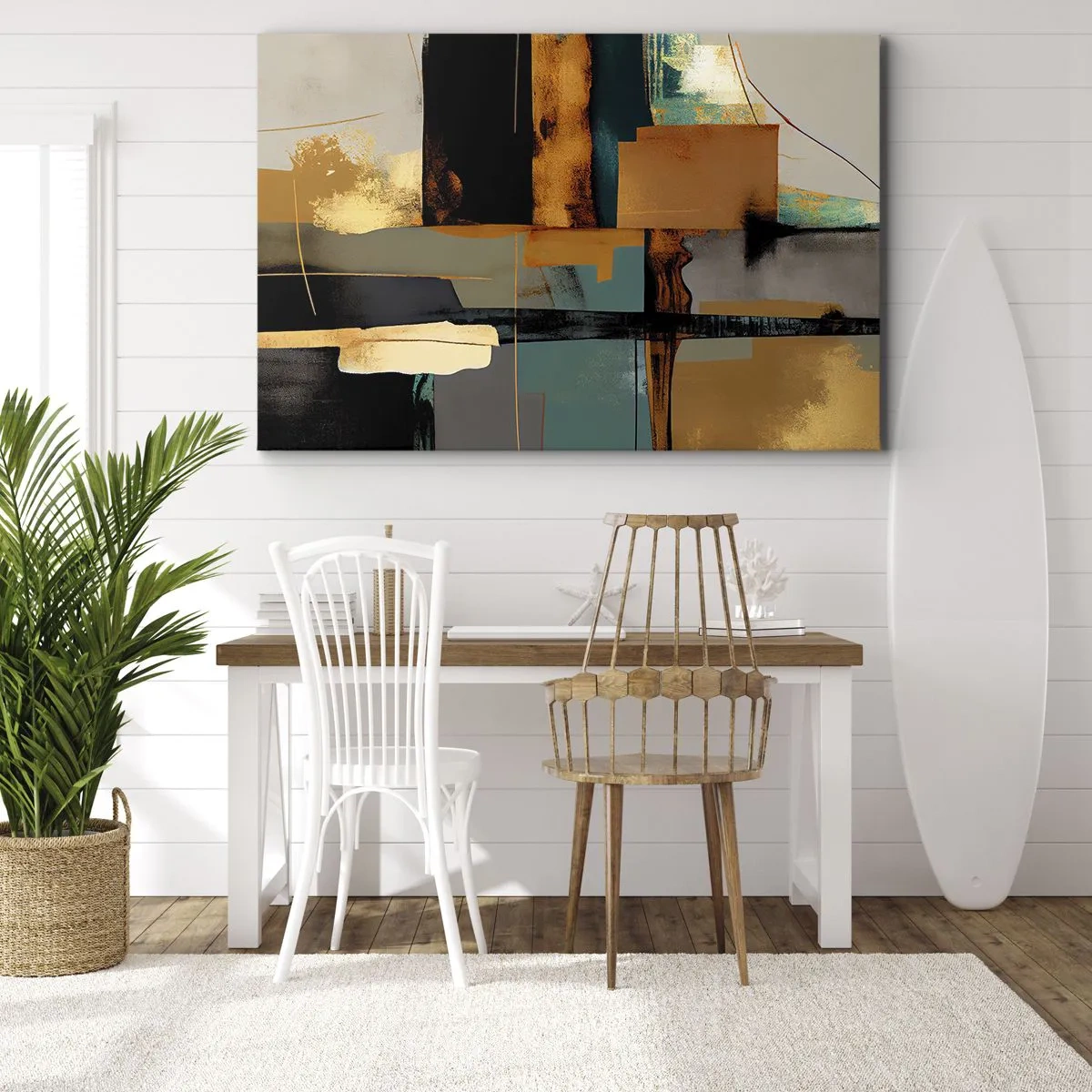 Cuadro sobre lienzo - Impresión de Imagen - Composición abstracta con elementos dorados y turquesas. - 120x80cm - Abstracción: luces y sombras - Decoración de pared moderna para salón y dormitorio ARTTOR