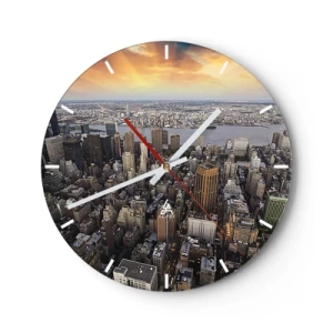 Reloj de pared - Reloj de vidrio - Panorama de la ciudad con altos rascacielos al atardecer - 30x30cm - El corazón palpitante de nuestro tiempo - Decoración de pared moderna para salón, cocina y dormitorio ARTTOR