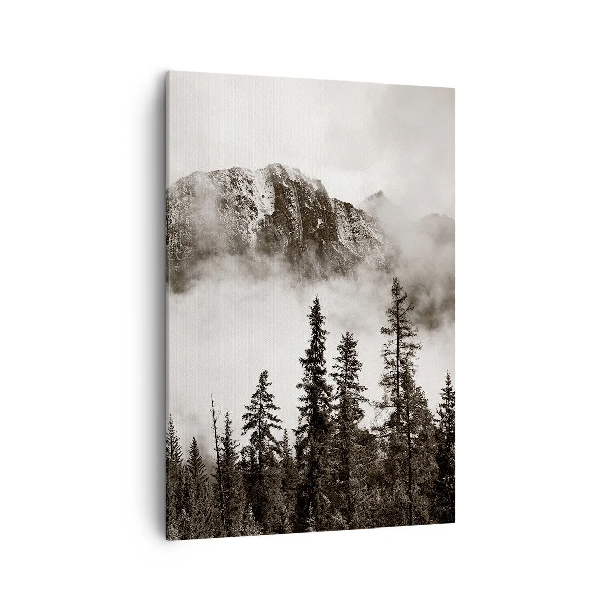 Cuadro sobre lienzo - Impresión de Imagen - Un pintoresco pico de montaña rodeado de niebla y un bosque en tonos sepia. - 70x100cm - Gobernante de granito - Decoración de pared moderna para salón y dormitorio ARTTOR