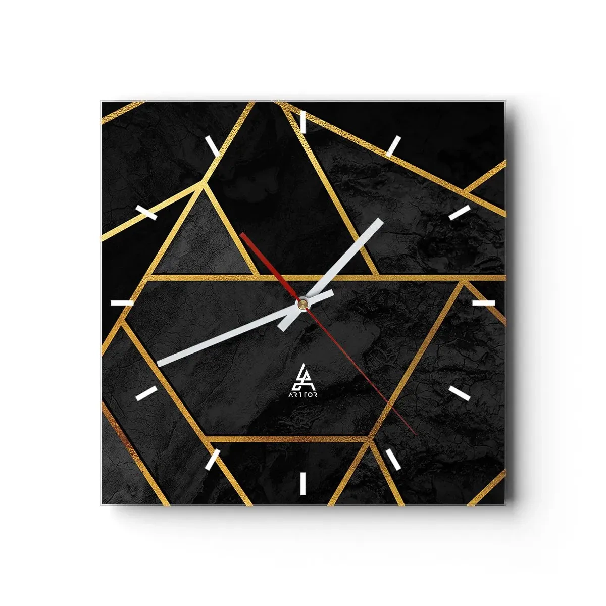 Reloj de pared - Reloj de vidrio - Patrón geométrico dorado sobre fondo negro - 30x30cm - Oscuridad y brillo - Decoración de pared moderna para salón y dormitorio ARTTOR
