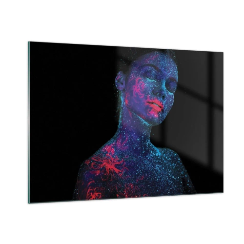 Cuadro sobre vidrio - Impresiones sobre Vidrio - Retrato de una mujer con pintura corporal fluorescente - 100x70cm - En polvo de estrellas - Decoración de pared moderna para salón y dormitorio ARTTOR