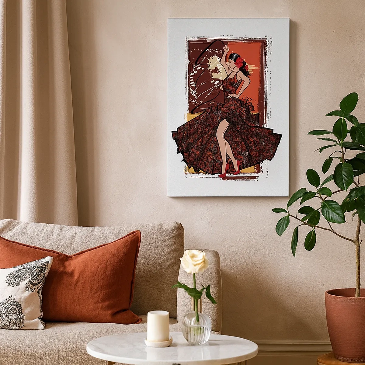 Cuadro sobre lienzo - Impresión de Imagen - Una bailarina con un vestido rojo y negro sobre un fondo artístico. - 50x70cm - El ritmo del corazón - Decoración de pared moderna para salón y dormitorio ARTTOR