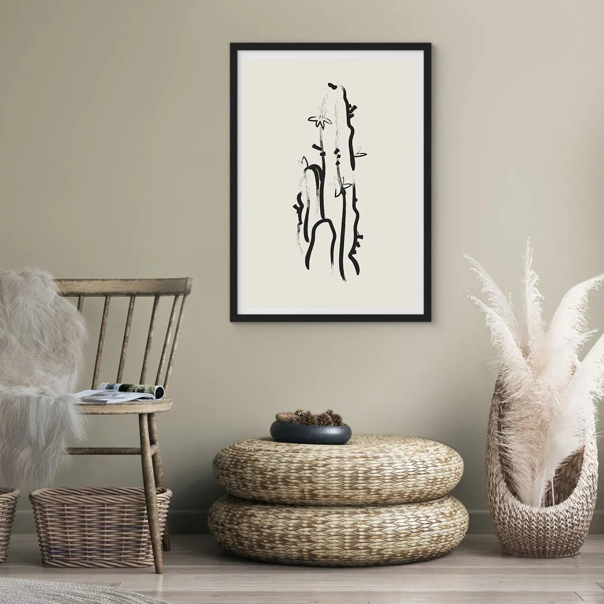 Póster en marco negro - Dibujo minimalista de cactus - 50x70cm - El color negro floreciendo - Decoración de pared moderna para salón y dormitorio ARTTOR