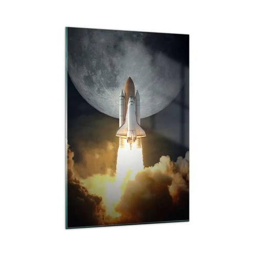 Cuadro sobre vidrio - Impresiones sobre Vidrio - Un cohete despegando con el telón de fondo de una luna llena rodeada de nubes dinámicas. - 80x120cm - El comienzo de una aventura sobrenatural - Decoración de pared moderna para salón y dormitorio ARTTOR