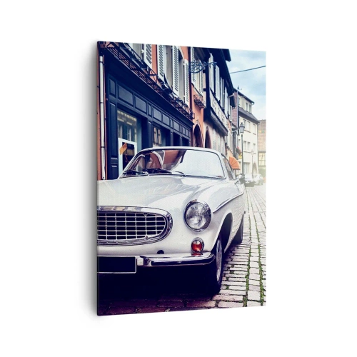 Cuadro sobre lienzo - Impresión de Imagen - Un coche blanco clásico en una calle adoquinada de la ciudad. - 70x100cm - El pasado está aquí - Decoración de pared moderna para salón y dormitorio ARTTOR