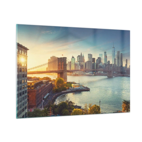 Cuadro sobre vidrio - Impresiones sobre Vidrio - Panorama de la ciudad de Nueva York con el puente de Brooklyn - 100x70cm - El amanecer de la gran ciudad - Decoración de pared moderna para salón y dormitorio ARTTOR