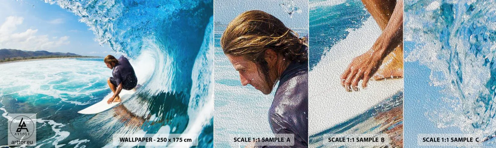 Muestra de fotomural Premium Sand - Bailando con las olas - Deporte, Surf, Tabla de surf - 100x30 cm