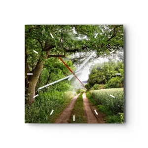 Reloj de pared - Reloj de vidrio - Un camino de tierra entre árboles verdes y luz solar. - 30x30cm - Ensueño - Decoración de pared moderna para salón y dormitorio ARTTOR