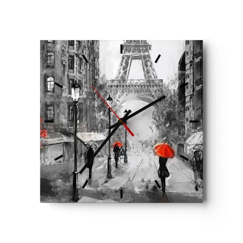 Reloj de pared - Reloj de vidrio - Una calle con vistas a la Torre Eiffel y sombrillas rojas. - 30x30cm - Todos los caminos conducen a ella - Decoración de pared moderna para salón y dormitorio ARTTOR