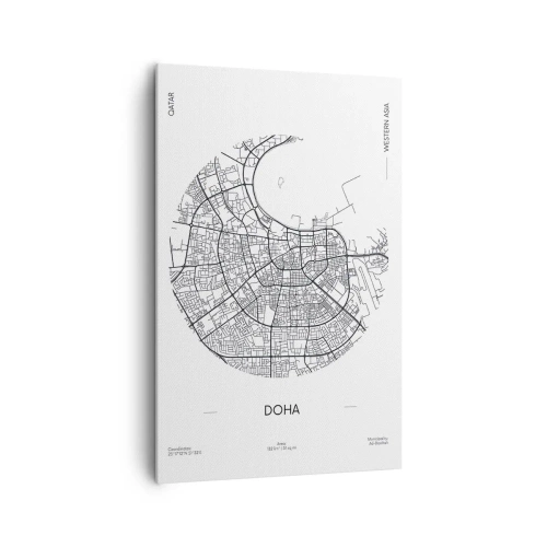 Cuadro sobre lienzo - Impresión de Imagen - Un mapa minimalista de Doha en blanco y negro con detalles precisos. - 80x120cm - Anatomía de Doha - Decoración de pared moderna para salón y dormitorio ARTTOR