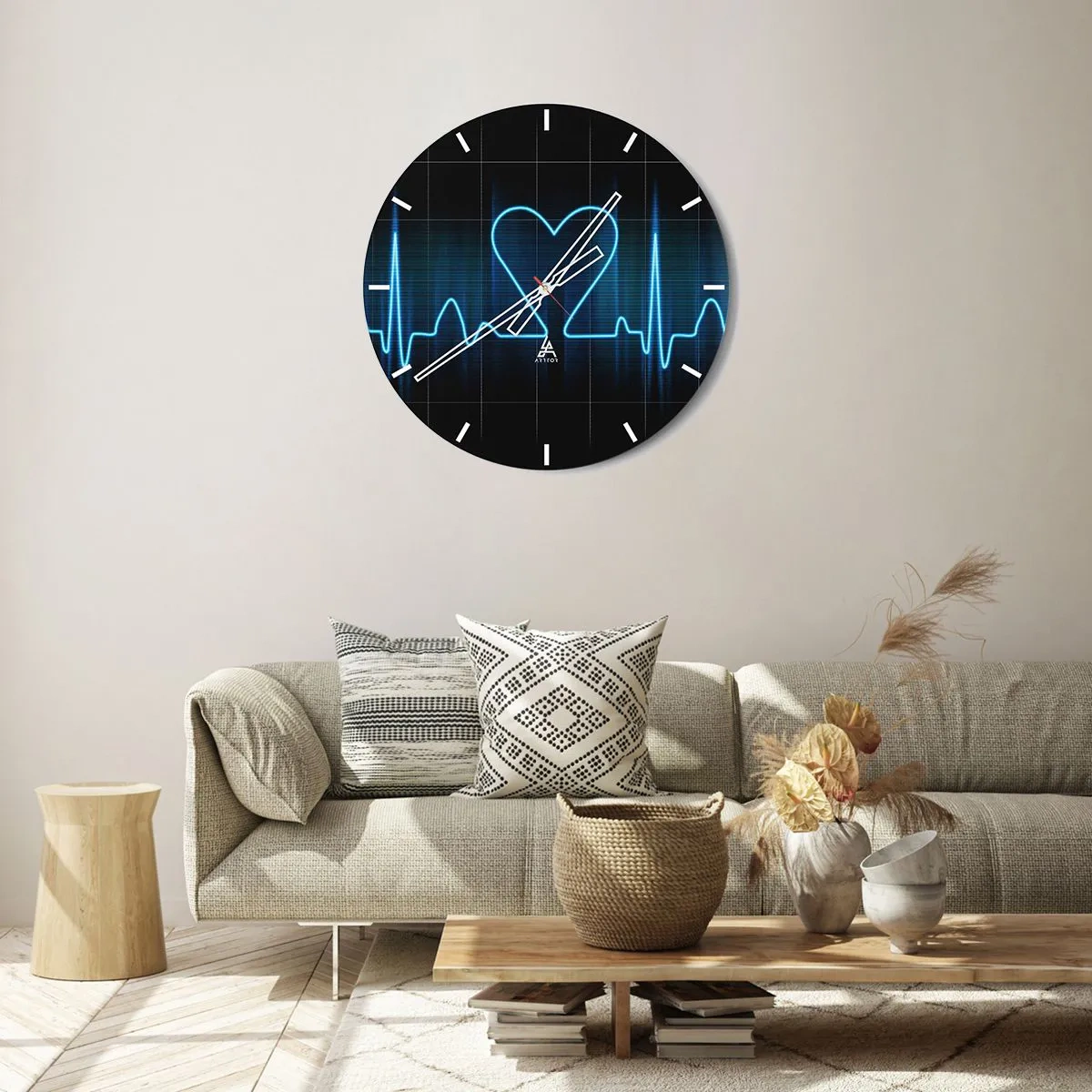 Reloj de pared - Reloj de vidrio - Motivo de línea de ECG en forma de corazón sobre un fondo negro - 30x30cm - El ritmo del corazón - Decoración de pared moderna para salón, cocina y dormitorio ARTTOR