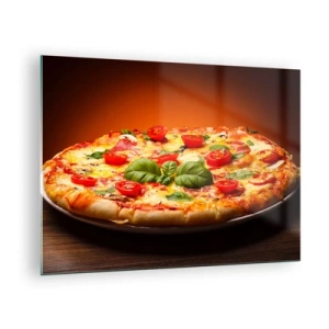 Cuadro sobre vidrio - Impresiones sobre Vidrio - Pizza con tomate, albahaca y queso fundido - 70x50cm - ¡Mamma mia! - Decoración de pared moderna para salón y dormitorio ARTTOR