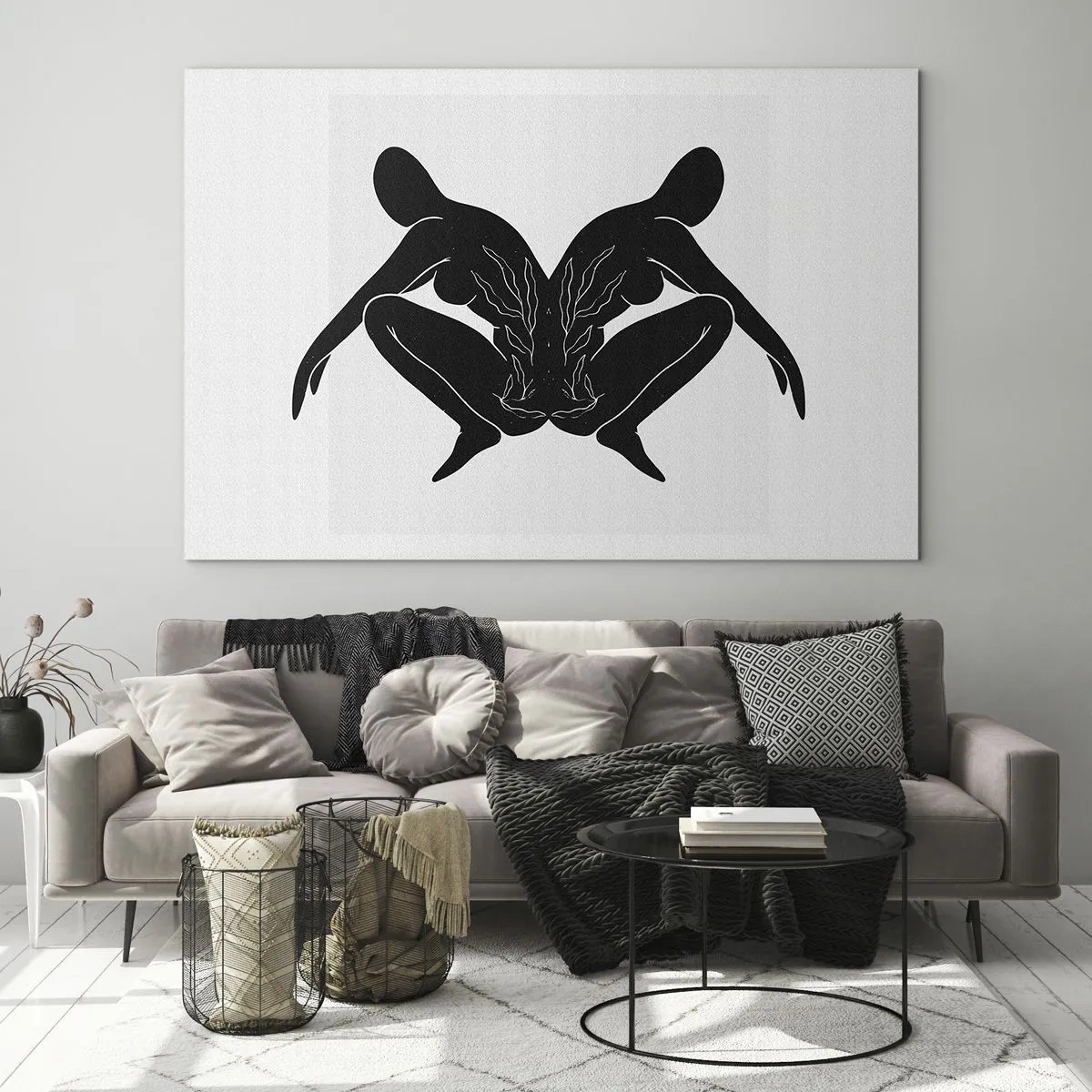Cuadro sobre vidrio - Impresiones sobre Vidrio - Figuras negras que forman un corazón simétrico sobre un fondo blanco. - 70x50cm - Un alma compartida - Decoración de pared moderna para salón y dormitorio ARTTOR
