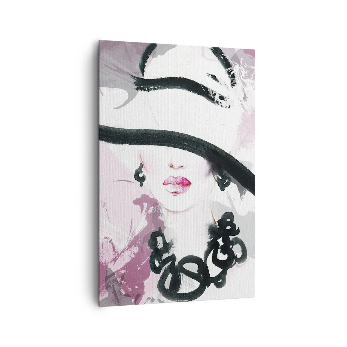 Cuadro sobre lienzo - Impresión de Imagen - Una mujer elegante con sombrero sobre un fondo de abstracciones rosas. - 80x120cm - Retrato de una dama en negro y rosa - Decoración de pared moderna para salón y dormitorio ARTTOR