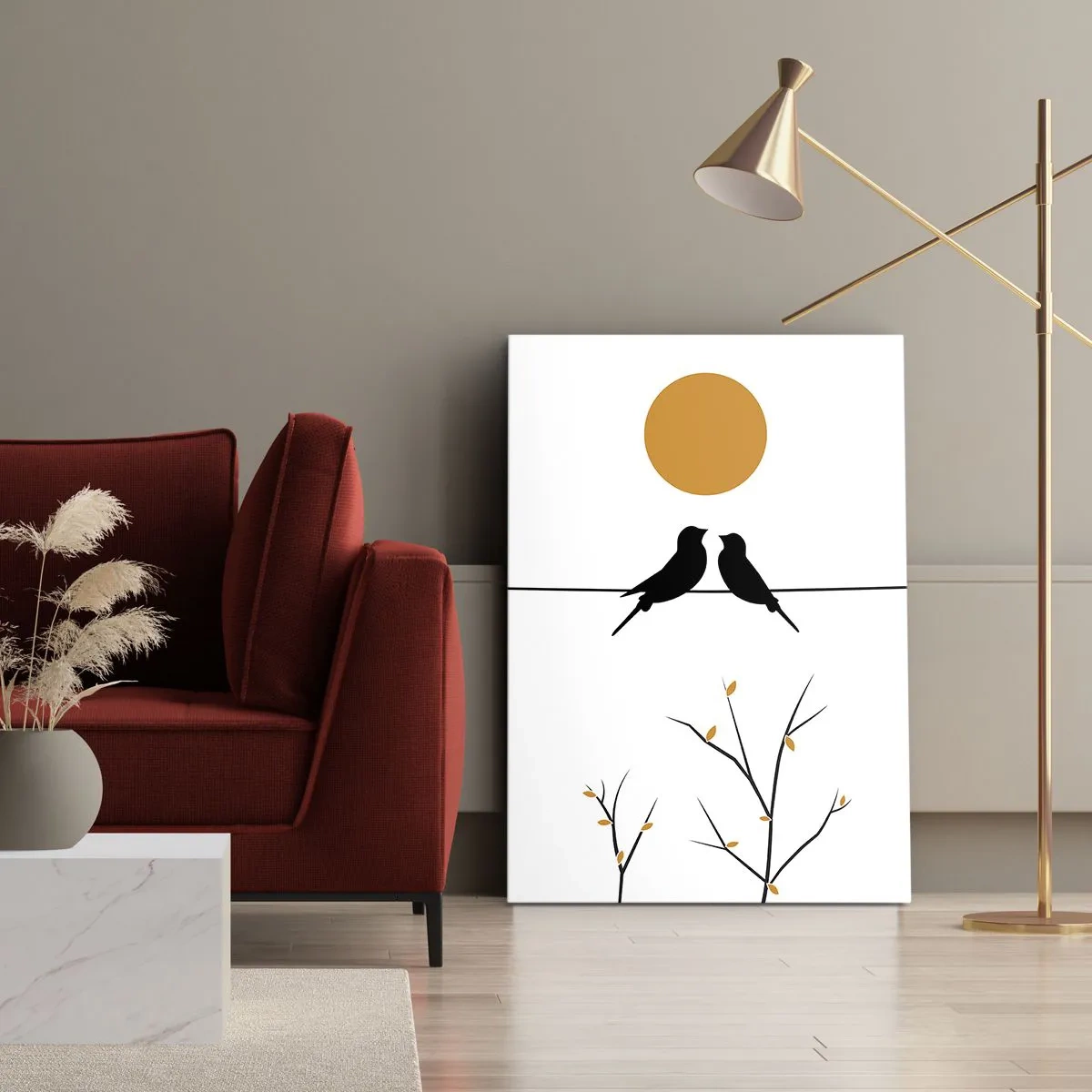 Cuadro sobre lienzo - Impresión de Imagen - Pájaros en una línea con un sol amarillo. - 80x120cm - Noche de ruiseñores - Decoración de pared moderna para salón y dormitorio ARTTOR