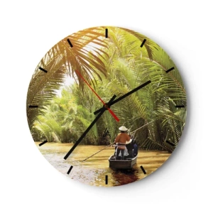 Reloj de pared - Reloj de vidrio - Personas en un barco navegando a través de un denso bosque de palmeras. - 30x30cm - En un túnel de palmeras - Decoración de pared moderna para salón, cocina y dormitorio ARTTOR