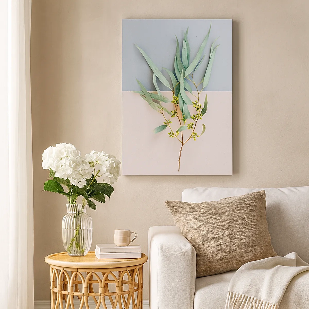 Cuadro sobre lienzo - Impresión de Imagen - Una rama con hojas sobre un fondo de tonos pastel. - 50x70cm - La sutileza del pastel - Decoración de pared moderna para salón y dormitorio ARTTOR